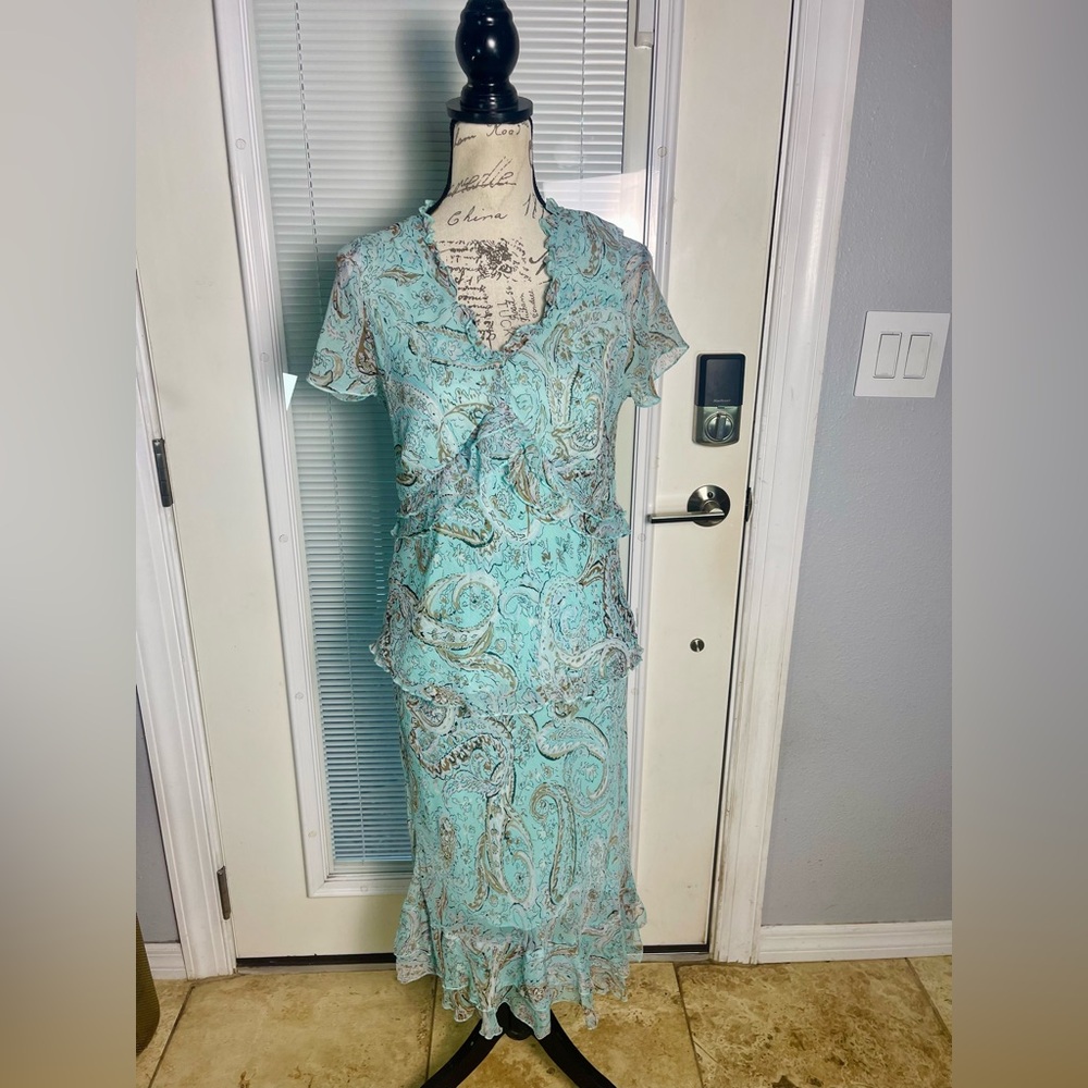 Bob Mackie Y2K Paisley Chiffon Ruffled Blouse A-Line Midi Skirt 2 Pc Set Sz 10
